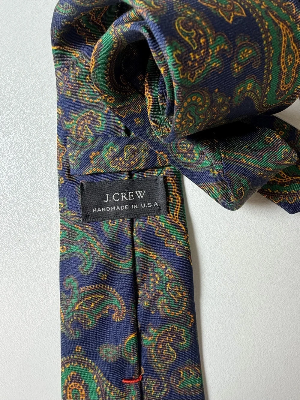 J. Crew Hand Made in USA 100% Silk Navy Paisley Silk Tie Green and Gold Motif